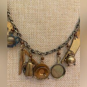 Pididdly Links Vintage Brass Charms Necklace Teapots Frying‎ Pans Plates Knife